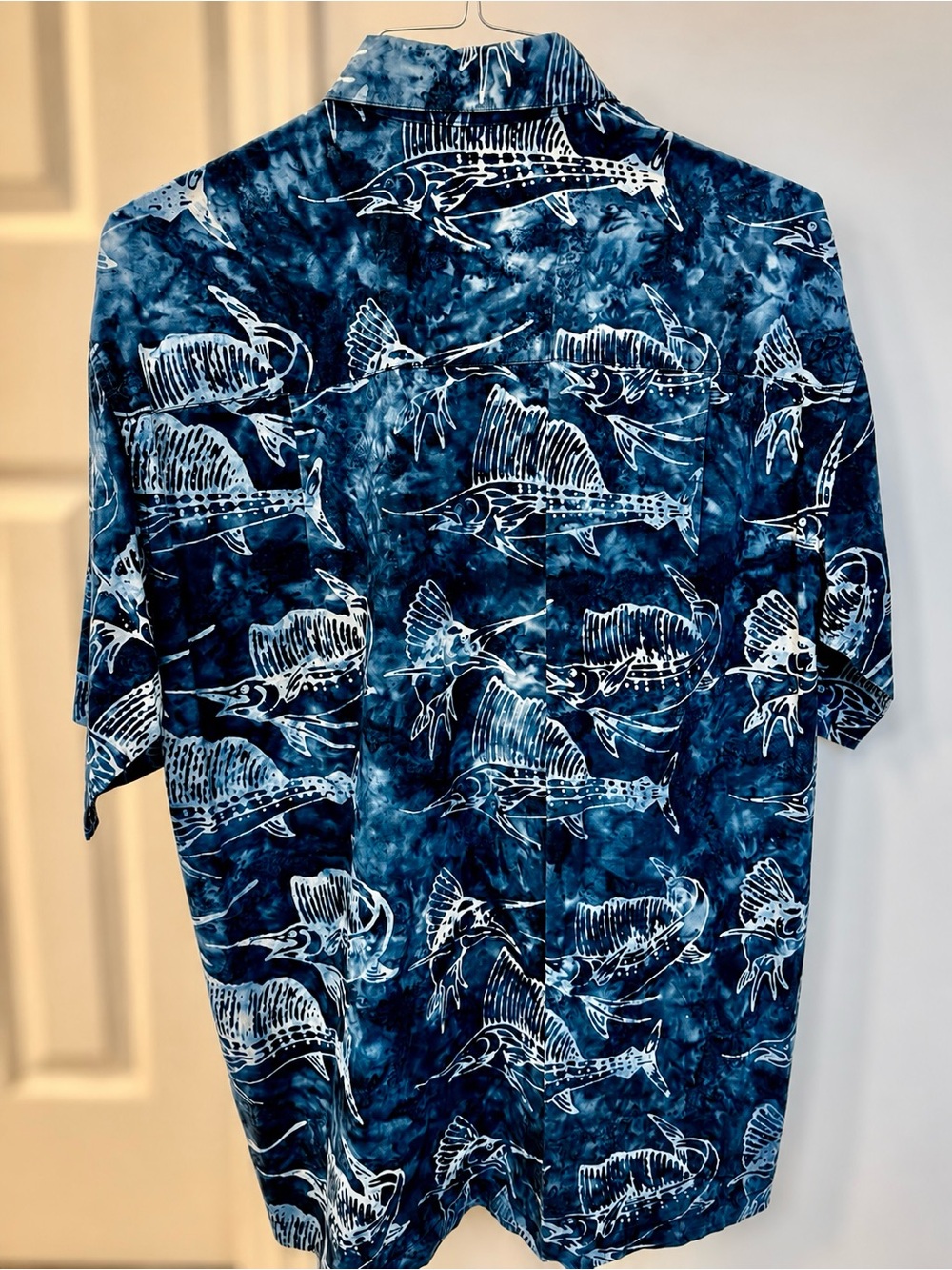 Johari West Blue Sailfish Hawaiian Shirt L 100% Cotton Coastal Fishing Camp
